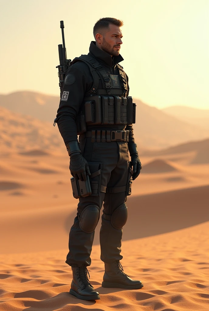 man 1.80 tall working in a desert as a security guard wearing black tactical clothing