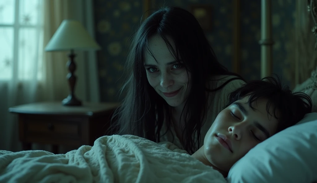 close up shot, in the room, only a light from the table lamp source. a light spill from the window. lying a creepy looking woman on the side of bed, eerie, long black hair. pale face, zombie face, wearing white slubby dirty torn cloth. as she watches the young Malay man sleep. she smile. cinematic shots. horror film still. masterpiece, hyper realistic.