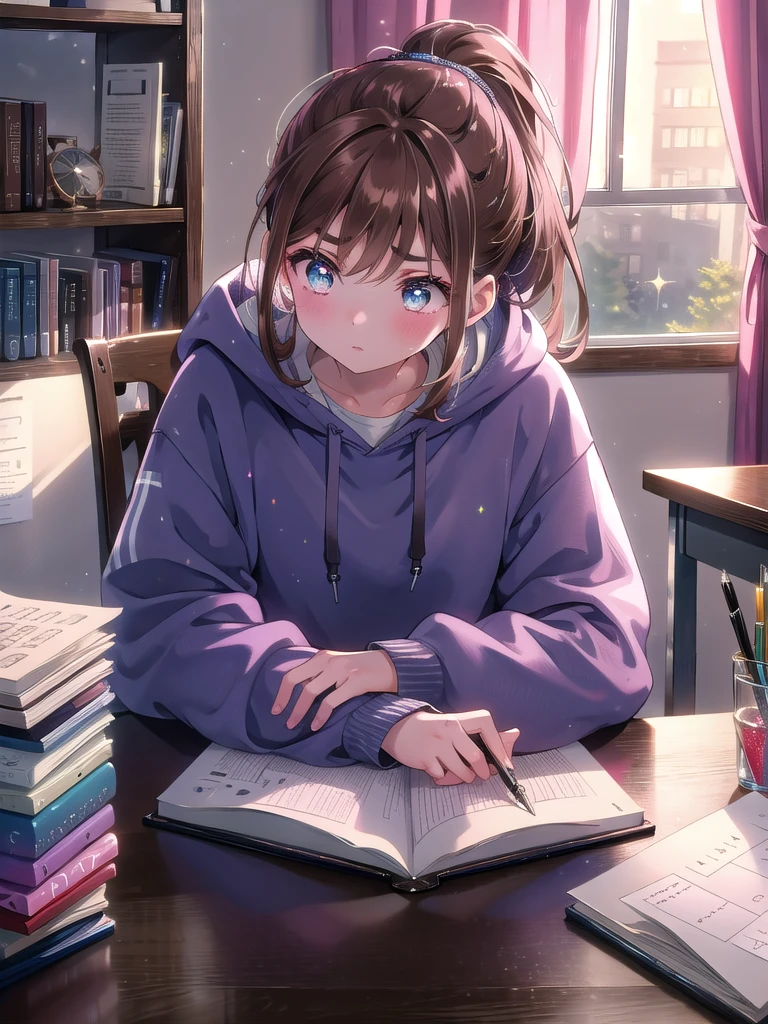 ((8k, Highest quality, masterpiece: 1.3)),Ultra-high resolution,(1 girl, alone), (Color changing eyes, Ultra-detailed, Expressive brilliance, Glitter, Glowing Eyes), Highly detailed eyes, Highly detailed face, Random Hair, ((pastel colour))A young girl with dark brown hair, tied up in a neat ponytail, sits at her desk in her room, working on her homework. She’s dressed in a comfortable hoodie and leggings, perfect for a cozy study session. The desk is neatly organized, with a laptop open, a few textbooks, and a notebook where she’s scribbling notes. The room is softly lit by a desk lamp, and the curtains are drawn, giving the room a warm, focused atmosphere. Her expression is one of concentration, her brows slightly furrowed as she works through a math problem. A glass of water sits beside her, untouched as she remains absorbed in her studies.