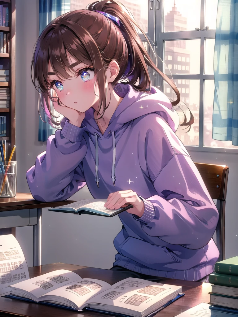 ((8k, Highest quality, masterpiece: 1.3)),Ultra-high resolution,(1 girl, alone), (Color changing eyes, Ultra-detailed, Expressive brilliance, Glitter, Glowing Eyes), Highly detailed eyes, Highly detailed face, Random Hair, ((pastel colour))A young girl with dark brown hair, tied up in a neat ponytail, sits at her desk in her room, working on her homework. She’s dressed in a comfortable hoodie and leggings, perfect for a cozy study session. The desk is neatly organized, with a laptop open, a few textbooks, and a notebook where she’s scribbling notes. The room is softly lit by a desk lamp, and the curtains are drawn, giving the room a warm, focused atmosphere. Her expression is one of concentration, her brows slightly furrowed as she works through a math problem. A glass of water sits beside her, untouched as she remains absorbed in her studies.