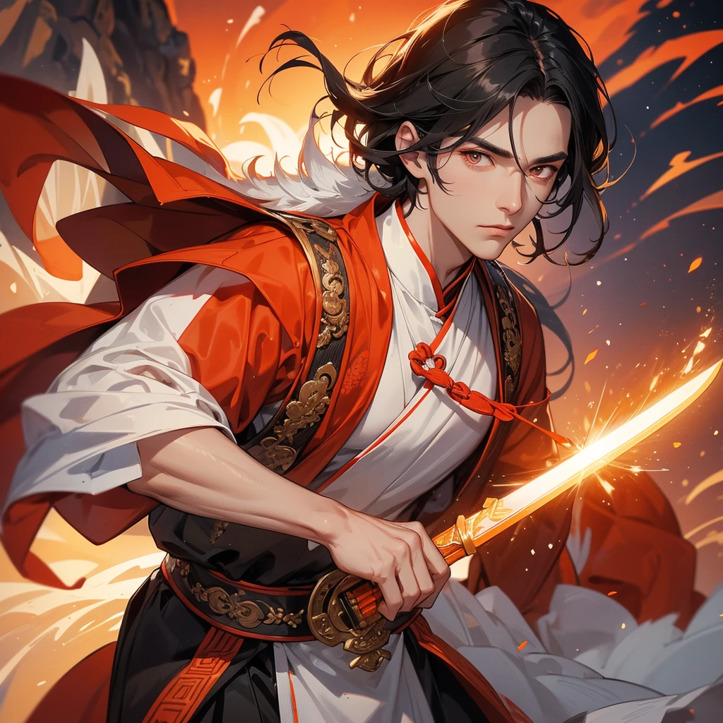 Handsome black-haired male general holding a large sword in white ancient Chinese costume, Surrounded by a volcano erupting, red and orange, surrounded by volcanic rocks, sunset, close up.