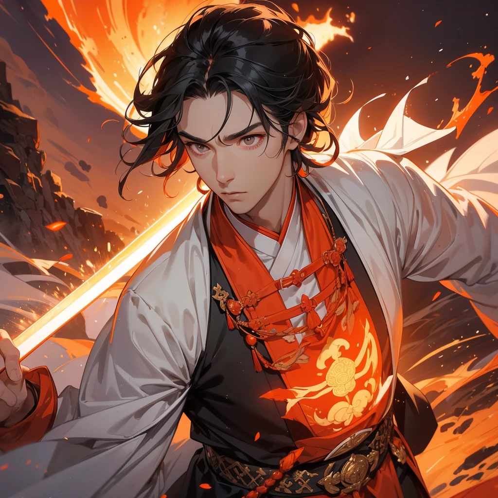 Handsome black-haired male general holding a large sword in white ancient Chinese costume, Surrounded by a volcano erupting, red and orange, surrounded by volcanic rocks, sunset, close up.