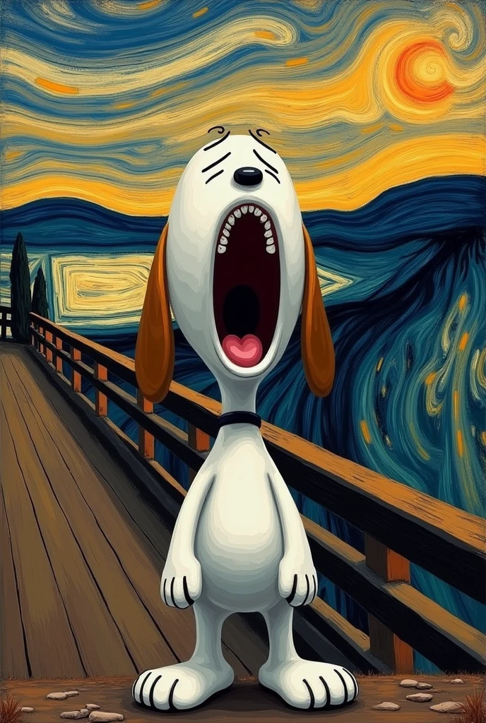 Drawing of the dog Snoopy in the style of Edvard Munch's painting that in his painting "the Scream"