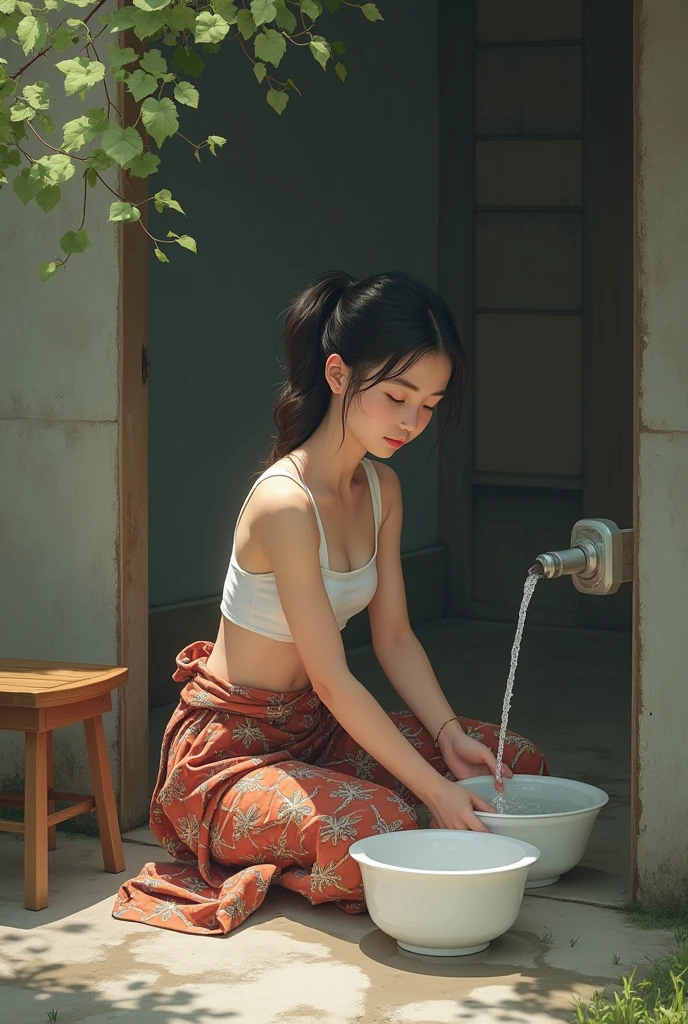 A serene scene of a young man with a soft, fair complexion and a sexy and fit figure sitting on a small wooden stool. she is wearing a traditional patterned sarong and a modest top, kneeling while washing a large pile of dishes in a simple outdoor setting. The concrete ground in the backyard is slightly wet, with water gently flowing into a basin. The atmosphere is peaceful and reflective, capturing the simplicity and beauty of everyday life, with many dishes waiting to be cleaned
