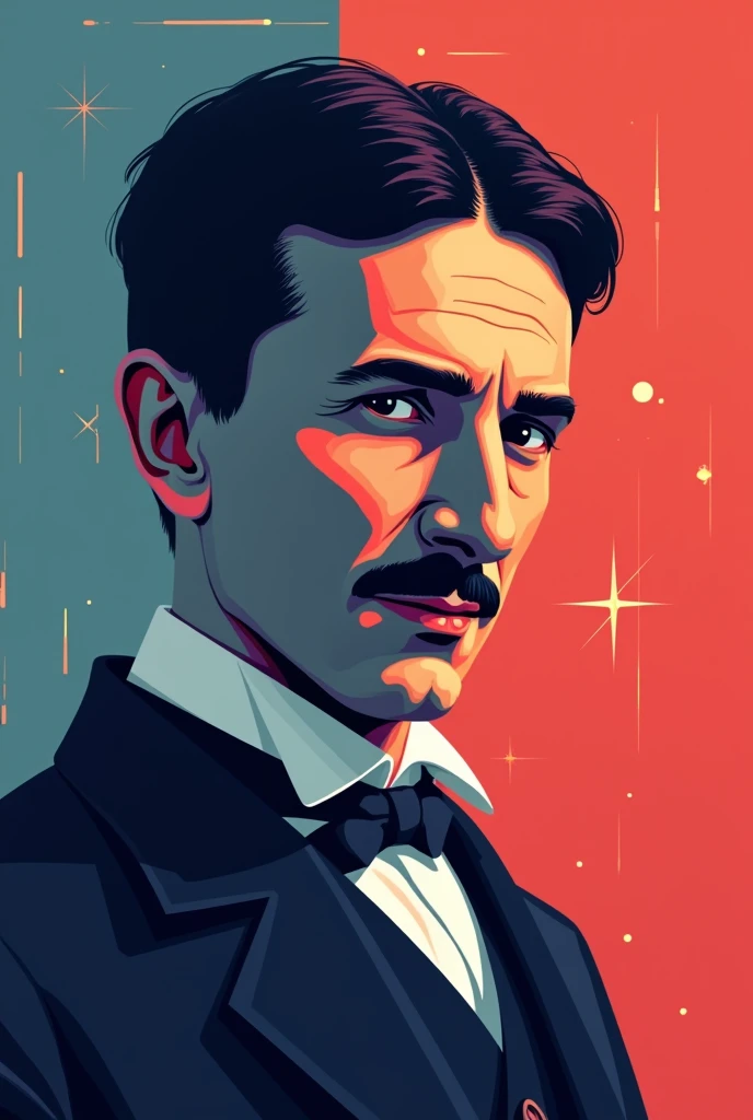 Minimalist and animated image with vivid colors square size of Nikola Tesla