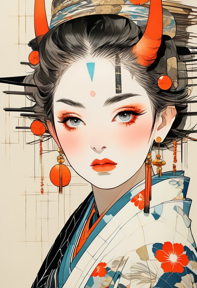 (Highest quality:0.8), (Highest quality:0.8), Perfect illustration((masterpiece, Highest quality)),(Realistic:1.3), masterpiece, Highest quality, (Intricate details:1.2), (scenery:1.3), Beautiful Face, (Black and White Theme), ukiyoe,
(((One person, Wearing a patterned kimono, (View Viewer:1.3), (Face Tattoos:1.2), Small demon horns,))), whole body,Realistic,Illustrator,anime,角を持つOne person, Detailed lips,custom, ,Texture Cropping, masterpiece, Style: Retro Classic, Japanese style,