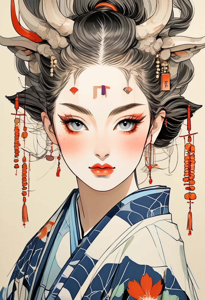 (Highest quality:0.8), (Highest quality:0.8), Perfect illustration((masterpiece, Highest quality)),(Realistic:1.3), masterpiece, Highest quality, (Intricate details:1.2), (scenery:1.3), Beautiful Face, (Black and White Theme), ukiyoe,
(((One person, Wearing a patterned kimono, (View Viewer:1.3), (Face Tattoos:1.2), Small demon horns,))), whole body,Realistic,Illustrator,anime,角を持つOne person, Detailed lips,custom, ,Texture Cropping, masterpiece, Style: Retro Classic, Japanese style,