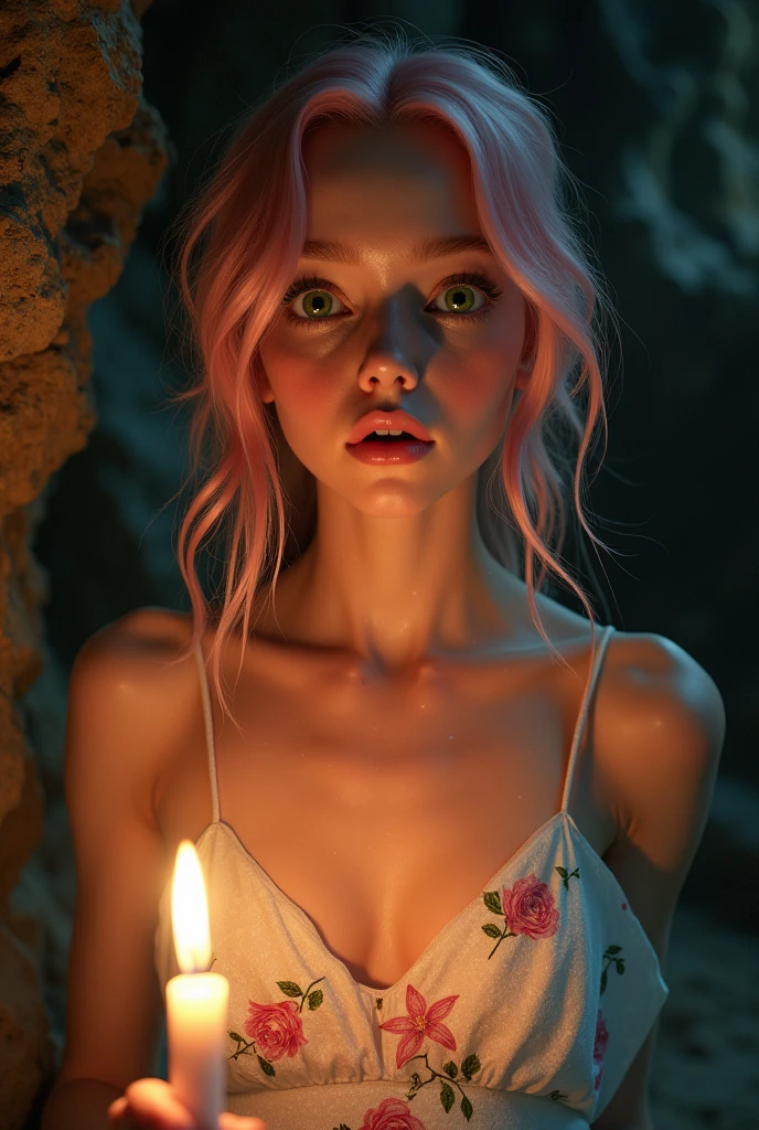 25 year old rosé, (startled facial expression), Textured light skin, shiver, pink hair, greeneyes, wearing a white dress with floral prints, dark and mysterious cave with unique rock formations and hidden wonders, perfects eyes, (candle light,Bright dark), Support 160 colors.