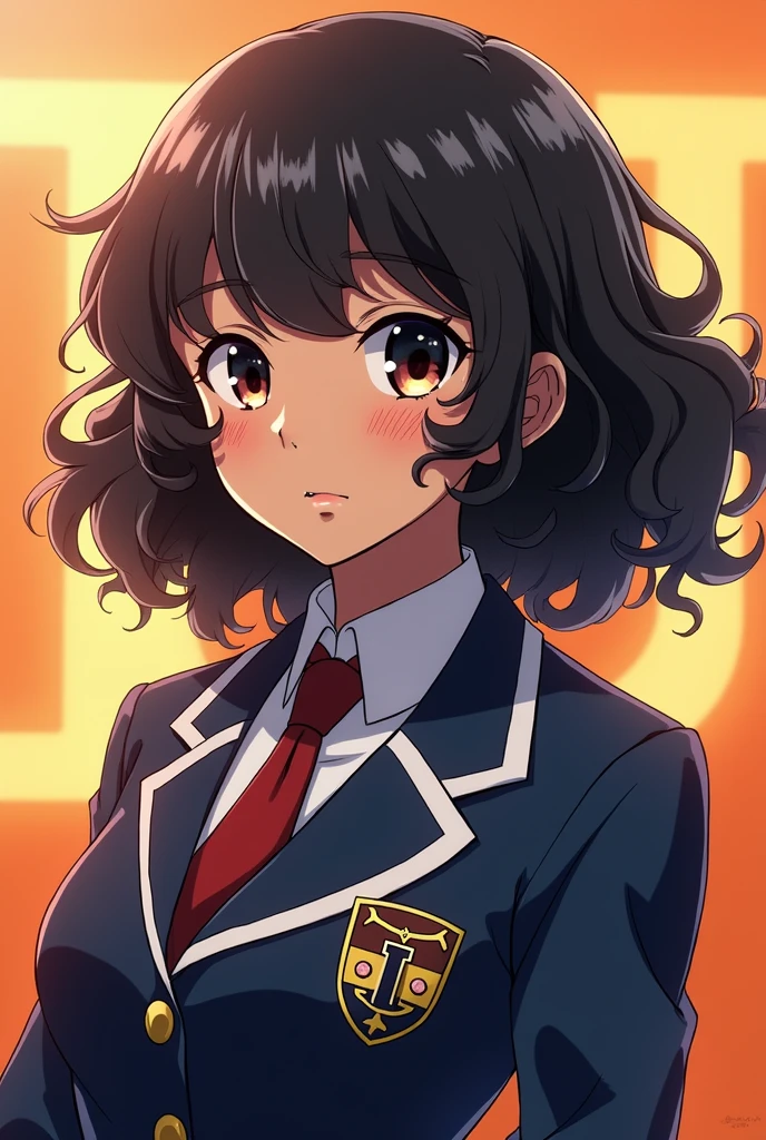 Girl with medium curly hair with bangs and wearing a U uniform.A with medium brown skin, not so much, and with makeup and the U in the background.A de my hero academia