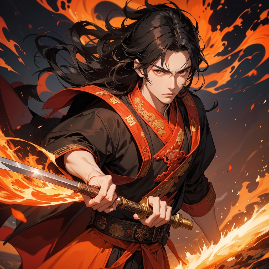 Handsome black-haired male general holding a large sword in  ancient Chinese costume, Surrounded by a volcano erupting, red and orange, surrounded by volcanic rocks, sunset, close up.