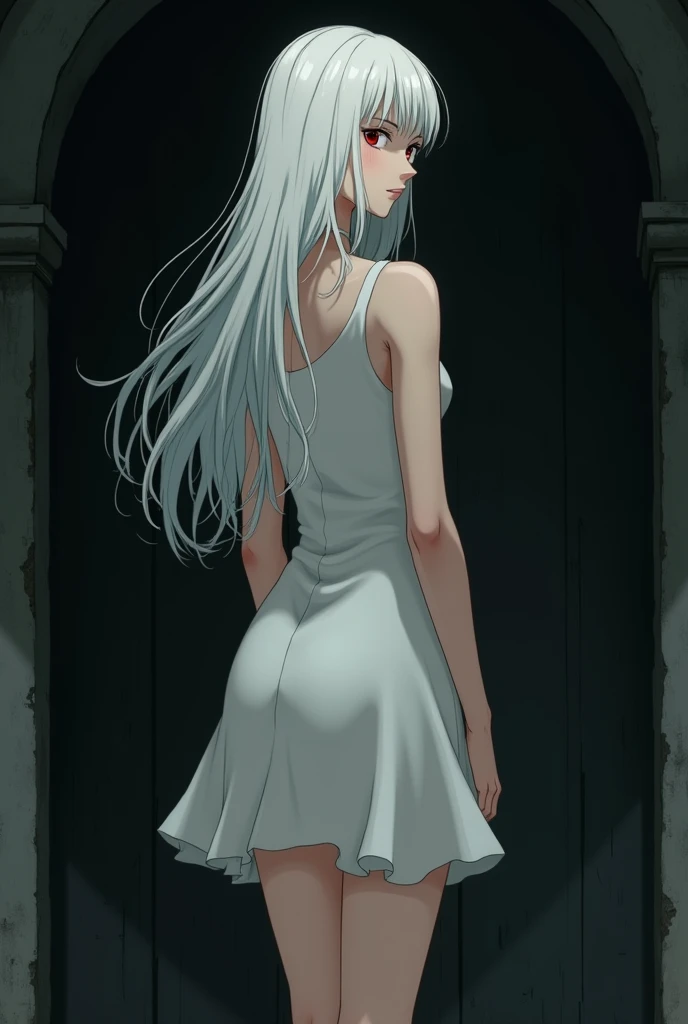 The image is in the style of a Ghibli studio anime., although somewhat gloomy and adult, It features a 20-year-old albino adult woman.. She is standing in front of a black wall, you see him from behind, She has long hair and red eyes. Shown with a smile. She has a white dress that reaches her knees.. strong thighs.