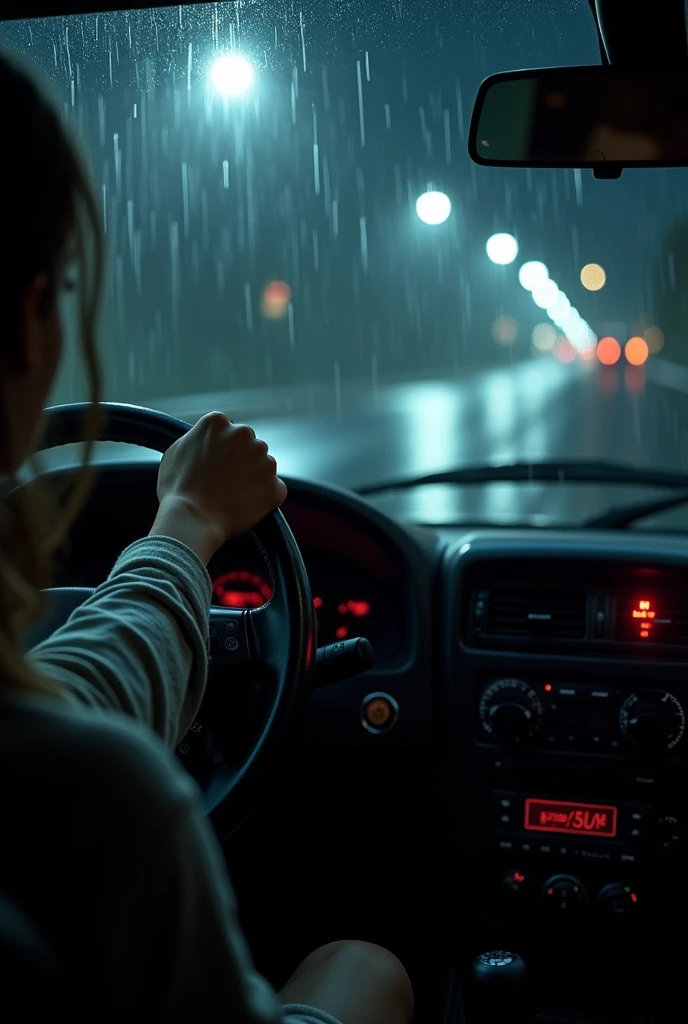Girl's hand on the steering wheel of a car at night while it's raining