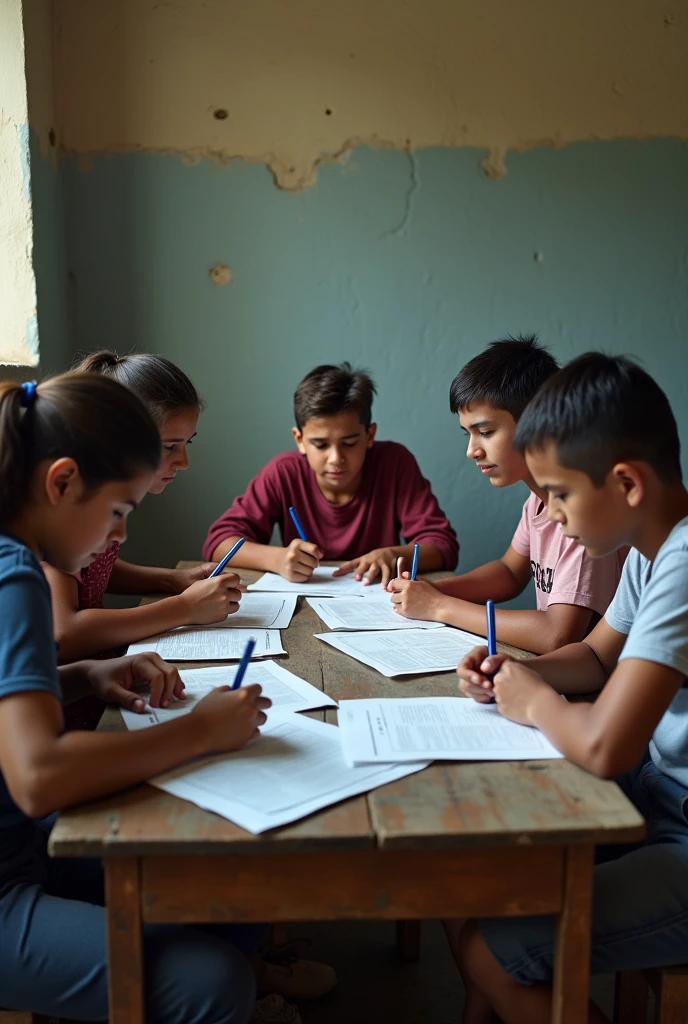 6 poor people real photo image filling out form young teenagers in a room