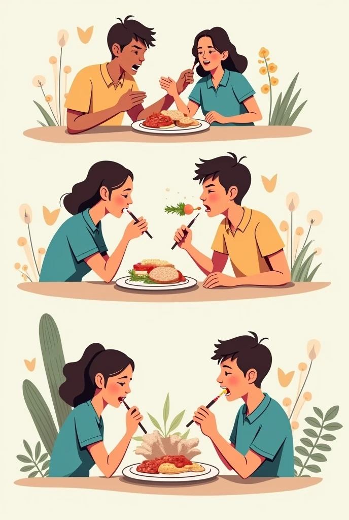I am looking for an illustration of choking on food in the following style:drawing style: Modern and vector, with smooth, clean lines, and vibrant colors. Cartoonish but realistic. Color: Using a palette of bright and contrasting colors that are pleasant and eye-catching. FORMAT: Illustrations arranged in a book or manual style. This illustration is intended for a guidance and training manual, so it must be clear, accessible and visually appealing."
