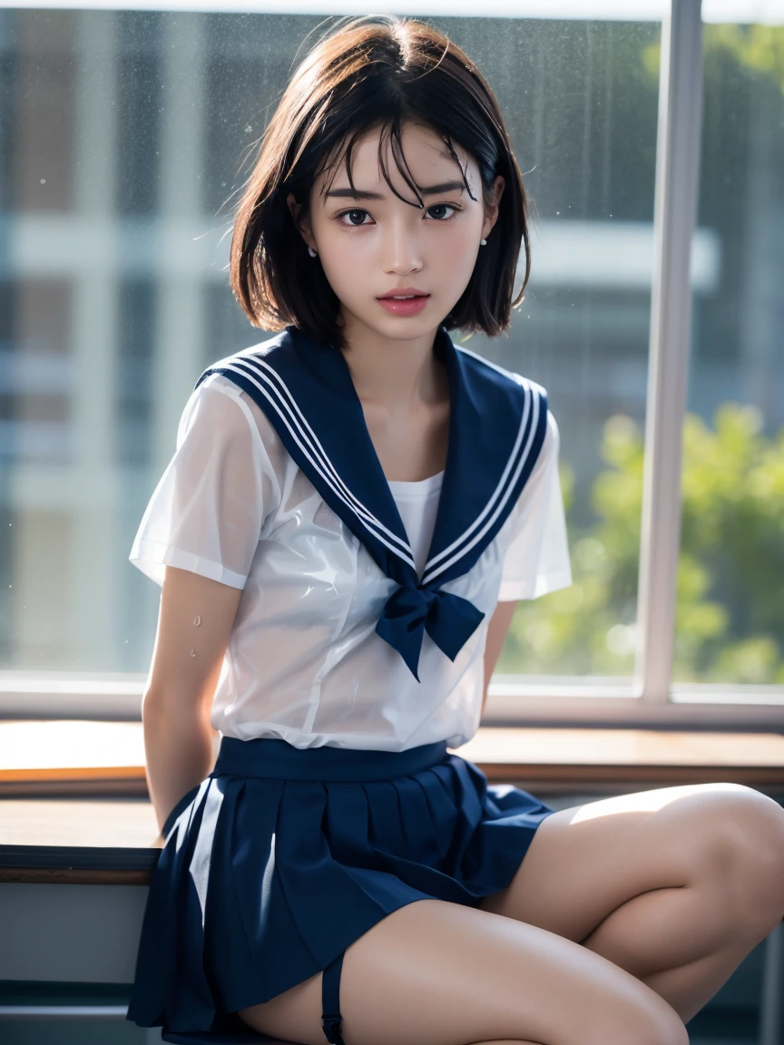 masterpiece:1.2, Very detailed, Ultra-high resolution, Realistic, photo Realistic:1.6, High-resolution RAW color photos, Professional photos, Sharp focus:1.2, Very detailed顔と肌の質感, Very beautiful eyes, Glossのある肌, Glowing Skin, Glowing Skin, Shining Face, Gloss, Oily skin, greasy face, Oily skin, greasy face,, real Glossのある肌 texture, Perfect Anatomy, Very detailed背景,(High school classroom at night),1 female,25-year-old woman, Japanese women,height: 168cm,short hair, Straight hair, bangs, Brown Hair,((Flat Chest:1.6)),Slender legs, (See-through white short-sleeved sailor suit、Navy blue pleated mini skirt:1.5、Sexy T-panties under skirt),(A sailor uniform that was wet from the rain and very transparent:1.5),Earrings,(Sitting on a desk with your knees)