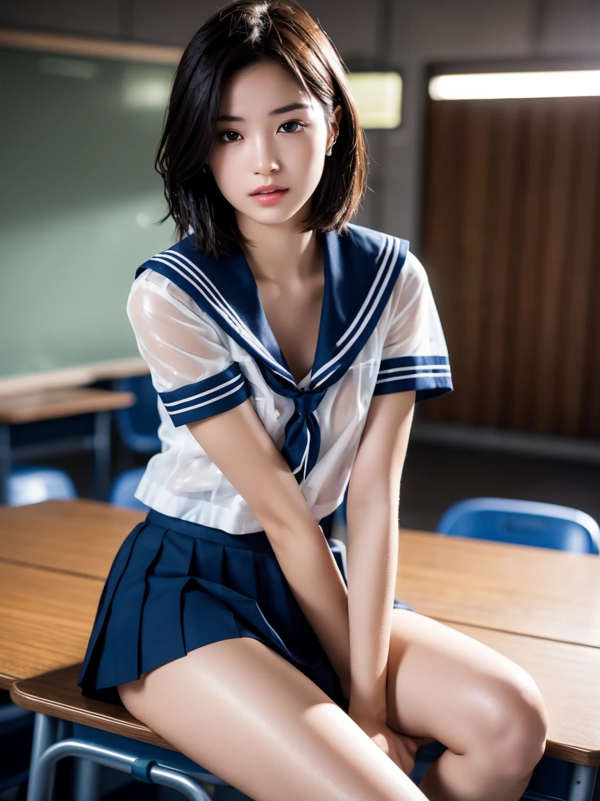masterpiece:1.2, Very detailed, Ultra-high resolution, Realistic, photo Realistic:1.6, High-resolution RAW color photos, Professional photos, Sharp focus:1.2, Very detailed顔と肌の質感, Very beautiful eyes, Glossのある肌, Glowing Skin, Glowing Skin, Shining Face, Gloss, Oily skin, greasy face, Oily skin, greasy face,, real Glossのある肌 texture, Perfect Anatomy, Very detailed背景,(High school classroom at night),1 female,25-year-old woman, Japanese women,height: 168cm,short hair, Straight hair, bangs, Brown Hair,((Flat Chest:1.6)),Slender legs, (See-through white short-sleeved sailor suit、Navy blue pleated mini skirt:1.5、Sexy T-panties under skirt),(A sailor uniform that was wet from the rain and very transparent:1.5),Earrings,(Sitting on a desk with your knees)