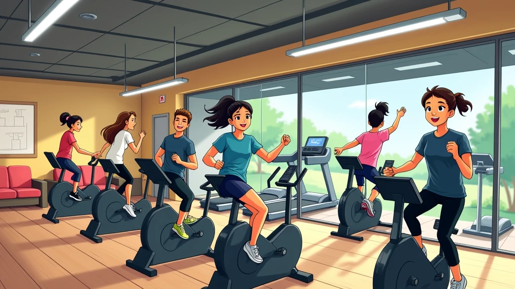 Cartoon Style，Official illustrations，Pictures inspired by Naohisa Inoue，there are many people on exercise bikes in a 健身房，background a gym, hedonic treadmill, healthy, Plenty of light, Natural soft lighting,
