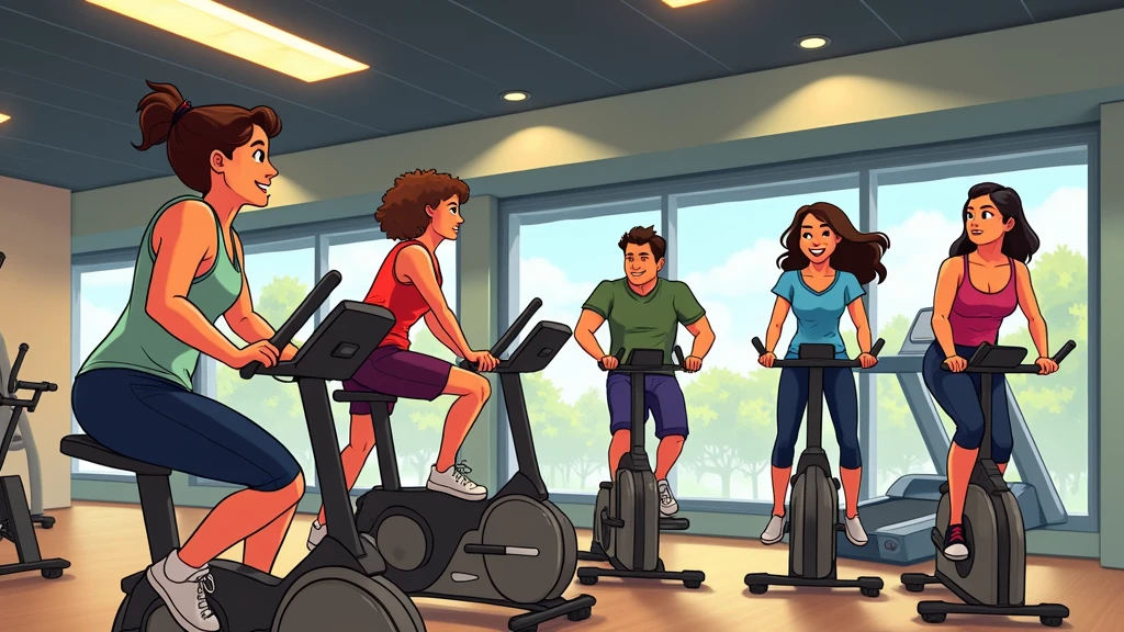 Cartoon Style,Official illustrations,Pictures inspired by Naohisa Inoue,there are many people on exercise bikes in a 健身房,background a gym, hedonic treadmill, healthy, Plenty of light, Natural soft lighting,