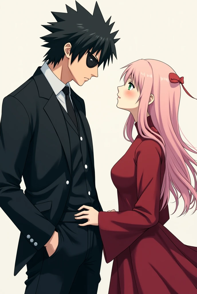 30 year old Sasuke Uchiha with black eyes and hair wearing an eye patch and wearing a stylish black suit looking at 20 year old Sakura Haruno with long light pink hair and jade green eyes wearing a long red dress but she looks straight ahead