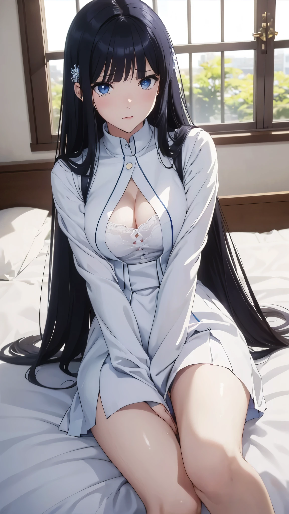 1 personの, alone, masterpiece, Highest quality, The Irregular at Magic High School, Miyuki Shiba, Shiba Miyuki, iris, blue eyes, tsurime, eyelash, Black Hair, Long Hair, Hime cut, Straight hair, Blunt bangs, blunt end, Side Lock, hair ornaments, snowflake hair ornaments,High School Uniform, dress, white dress, collared dress, Jacket, green Jacket, cropped Jacket, open Jacket, Long sleeve, (masterpiece: 1.3), (Maximum resolution: 1.2), (Ultra High Definition TV: 1.2), Cinematic Light, 8k resolution, Detailed facial features , (Sharp focus: 1.2）, (Focus on the face:1.2),Perfect Style, Beautiful Face, Acura, Anatomically correct, Highly detailed face and skin texture, Beautiful Eyes,Beautiful Eyes, Thin eyebrows, Natural Cheeks, Glowing Skin, Fair skin: 1.2, (Glossy Lips: 1.4),、 (Embarrassed look: 1.2),Highly detailed face and skin texture,,Perfect Style、Exposed cleavage、Soft Breasts、（Semen on chest:1.6）（Cum on thighs 1.5）、 Drenched in sweat、Wet clothes、blush、A humiliating look、Anxious expression、Frightened expression、Embarrassed look,anger、sorrow、tears、（Open your crotch to show your panties:1.8）、 White underwear、Disheveled clothes、sweating、Thin underwear、18-year-old、 clear, A clean-cut woman,1 person、 Upward-facing chest, Black Hair、blue eyes、Beautiful Eyes、Torn clothing、At the bed、（On your back、At the bedLying down、Lying down、White sheets:1.7）、avert your eyes、Straight Long Hair