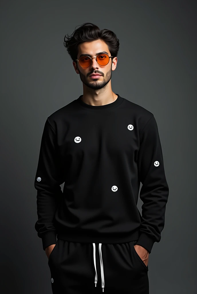 25-year-old dark-haired man, with dark brown eyes, medium-length black wavy hair, modern black anchor beard, wearing a black long-sleeved shirt with white emoji designs, with orange sunglasses and black sweatpants with white laces on a dark gray background