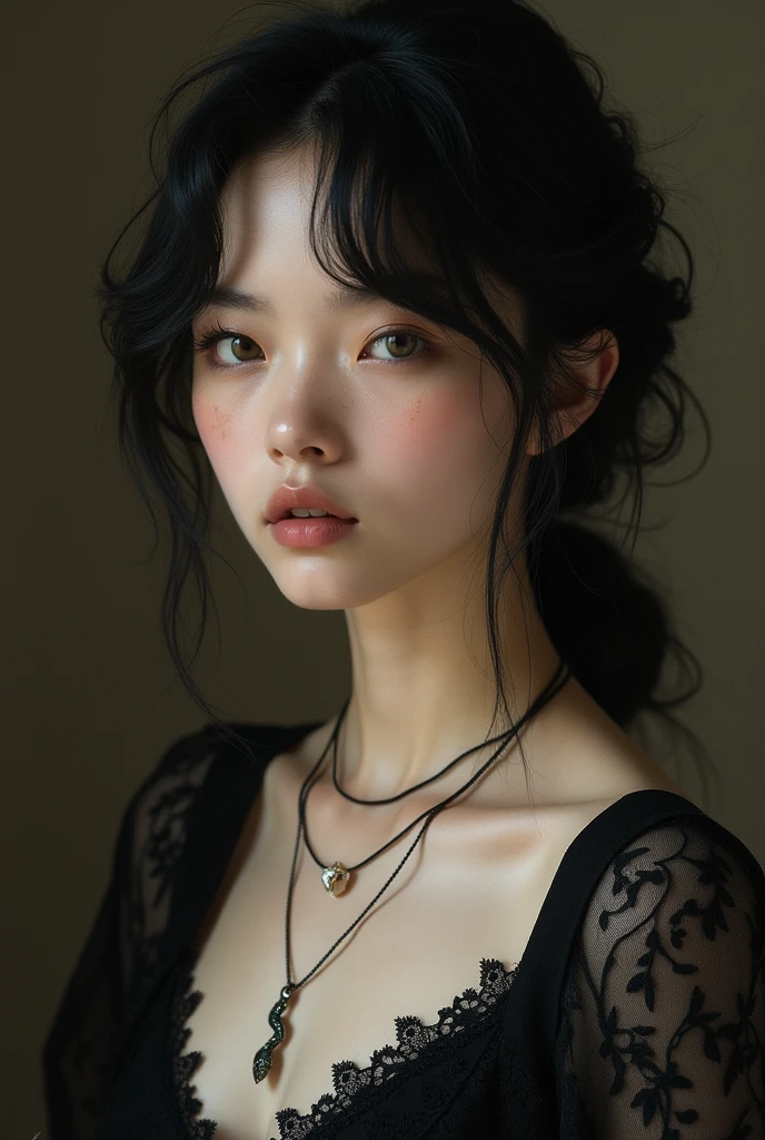 This image shows a portrait of a young woman with delicate features and a serene expression.. He has black hair, slightly wavy and loose, with some strands falling around her face. His skin is clear, with subtle freckles on the cheeks, and his eyes are a clear and penetrating shade of grey. She is dressed in a black blouse , probably lace, which gives it an elegant and antique touch. She wears a necklace with a snake-shaped pendant., and another finer one, *artistic or conceptual portrait.*