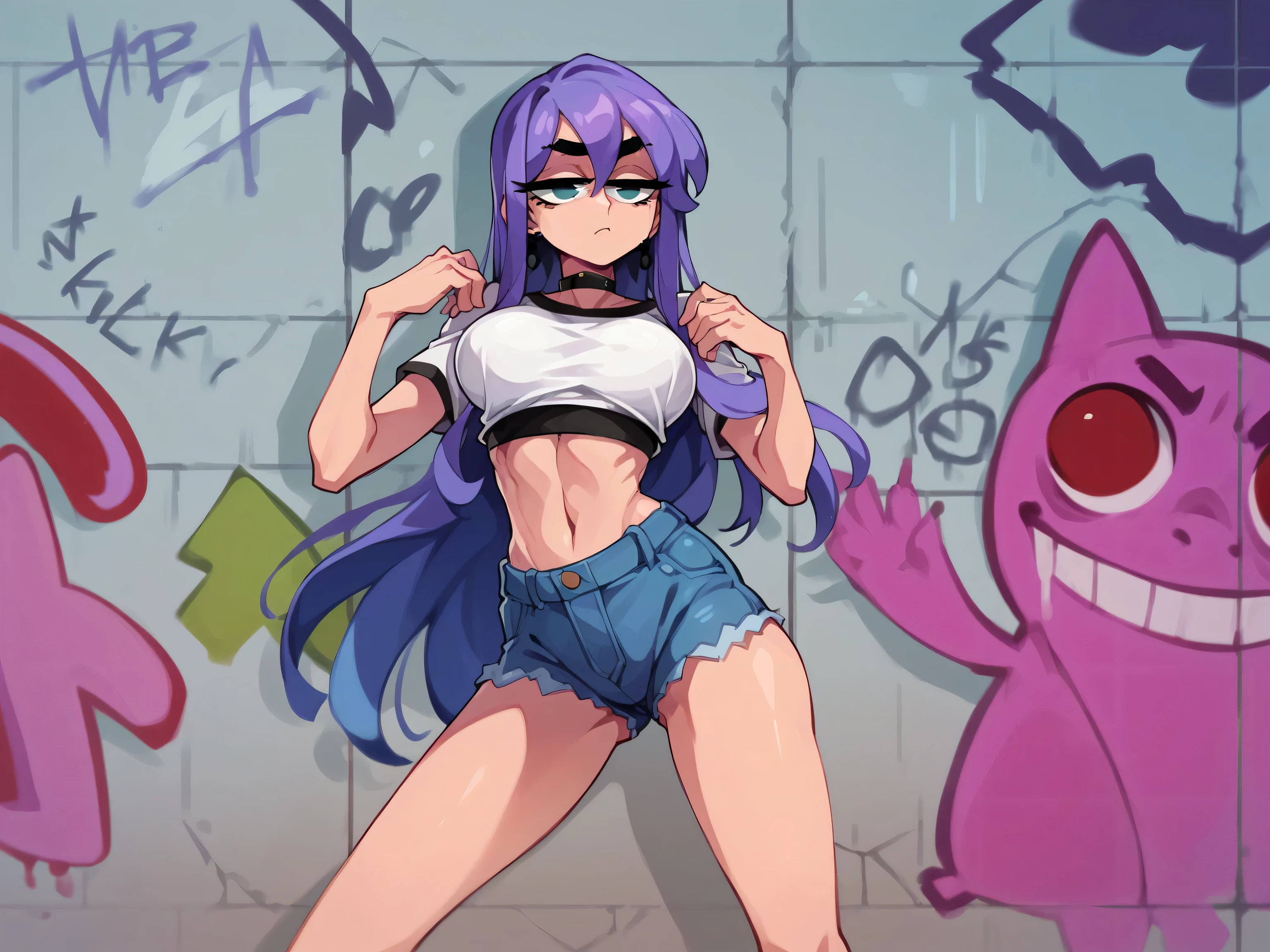 Masterpiece , Excellent quality , high resolution , 1 woman , Long Lilac Hair , bored face , White crop top , Jean Shorts , abdomen , big breasts , Long legs , hands on hips ,  Graffiti wall