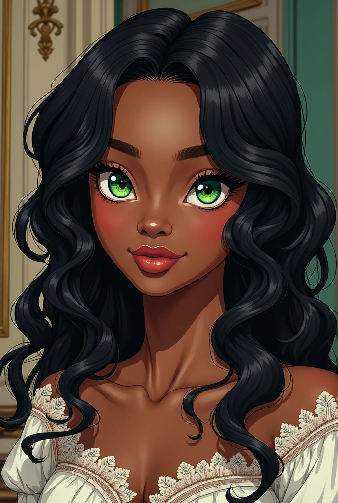 Make anime style. From a BLACK woman with long black curly hair, green eyes wearing a victorian outfit.