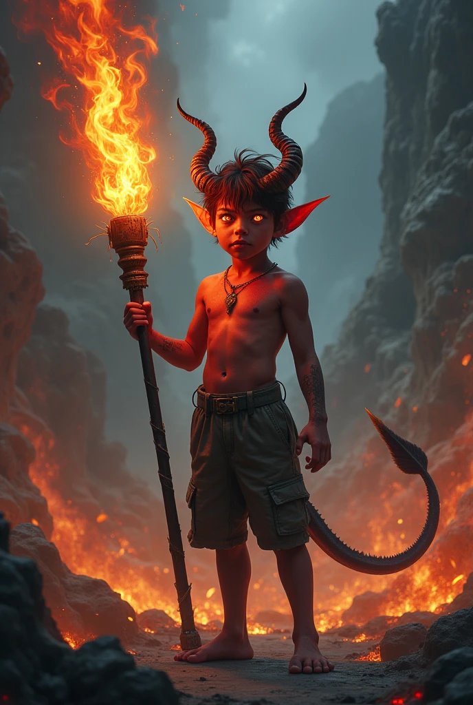 A boy with the body of a human and demon characteristics With a fire staff