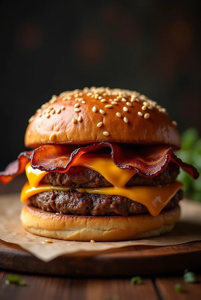 a burger with a sesame seed bun, just a burger and a slice of cheddar cheese, bacon slices, the image needs to have a dark background and the photo needs to be a bit amateurish, like a restaurant itself