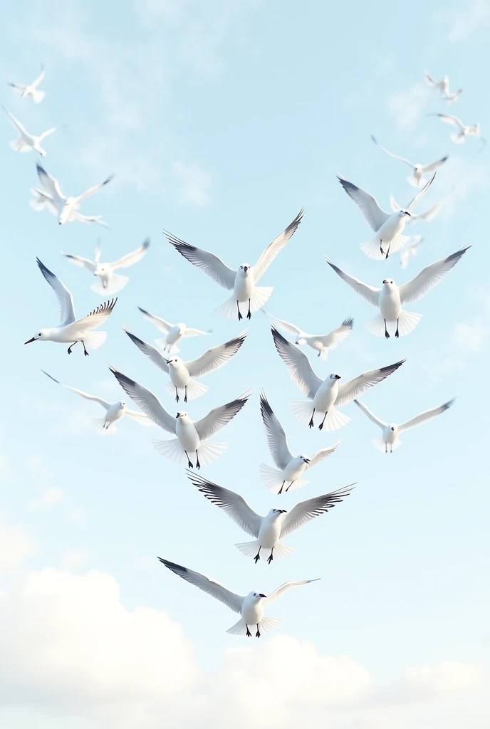 Make a drawing that contains several seagulls flying in an airplane shape.