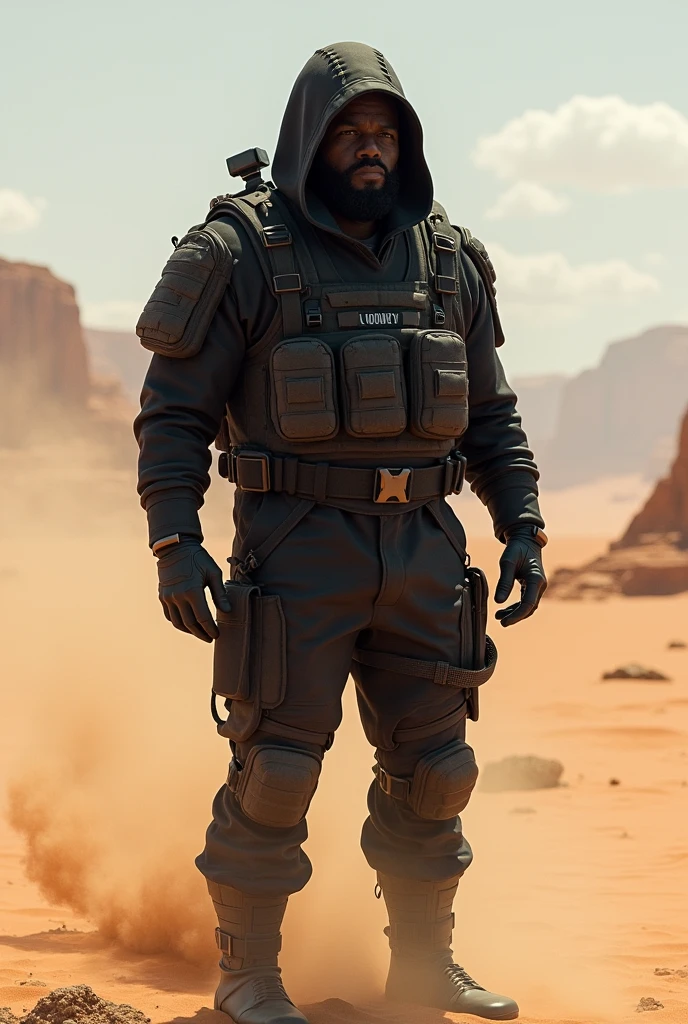 man 1.80 tall working in a desert as a security guard wearing black tactical clothing that comes out from the back with a doughy texture