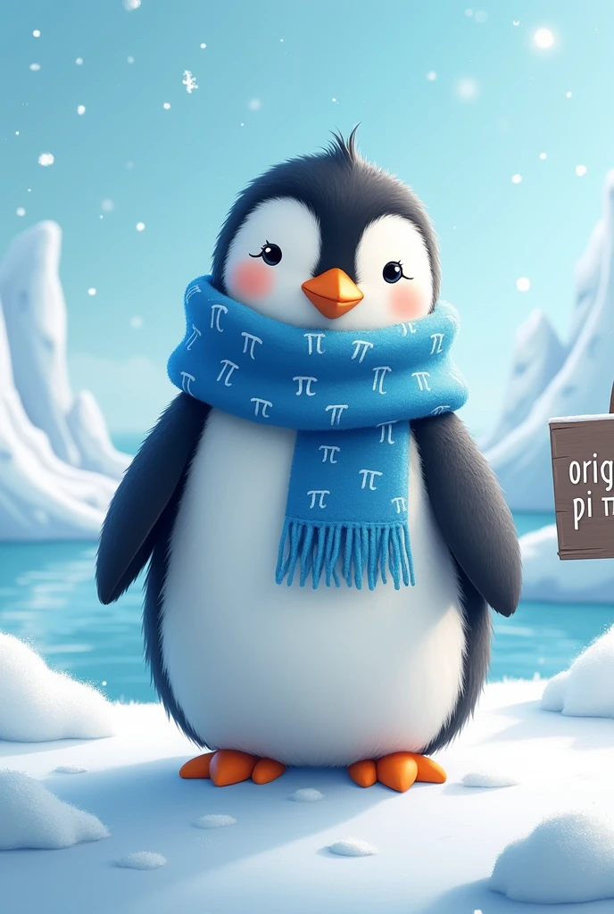 The image I would like to create features a friendly penguin wearing a stylish scarf.. The scarf is blue with small π symbols (pi) spread throughout the print, creating a fun and mathematical pattern. The penguin is standing, with a friendly expression, and your name "Original PI" is written in small, elegant letters on the scarf or on a snow sign next to it. The background can be an icy landscape, with snow falling gently and perhaps some icebergs in the background, to complete the scene.