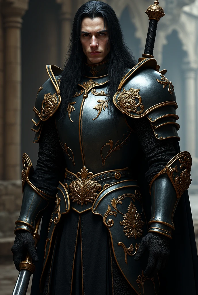 A portrait of a tall, imposing man with white pale skin and finely chiseled, angular features. His long, straight black hair falls elegantly over his shoulders, silky and glossy. He has dark, piercing eyes that exude a cold, calculating presence, framed by defined eyebrows. He wears ostentatious black knight armor, intricately detailed with golden embroidery in ornate Orite patterns. He carries a pair of finely ornamented, high-quality daggers at his side, and a matching large claymore strapped to his back. His demeanor is serious and intimidating, with a quiet and commanding presence that suggests both determination and egoism. The background is a dimly lit, ancient fortress, with shadows highlighting his formidable stature