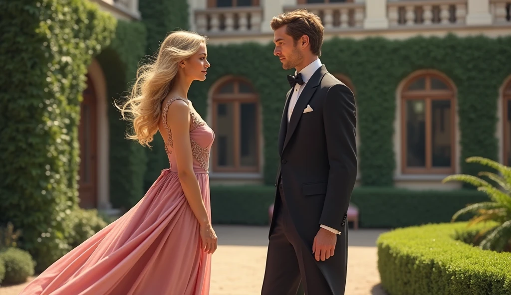 Mature woman, 50 years old, blonde, pretty pink dress, man, 20 years old, in the courtyard of a house