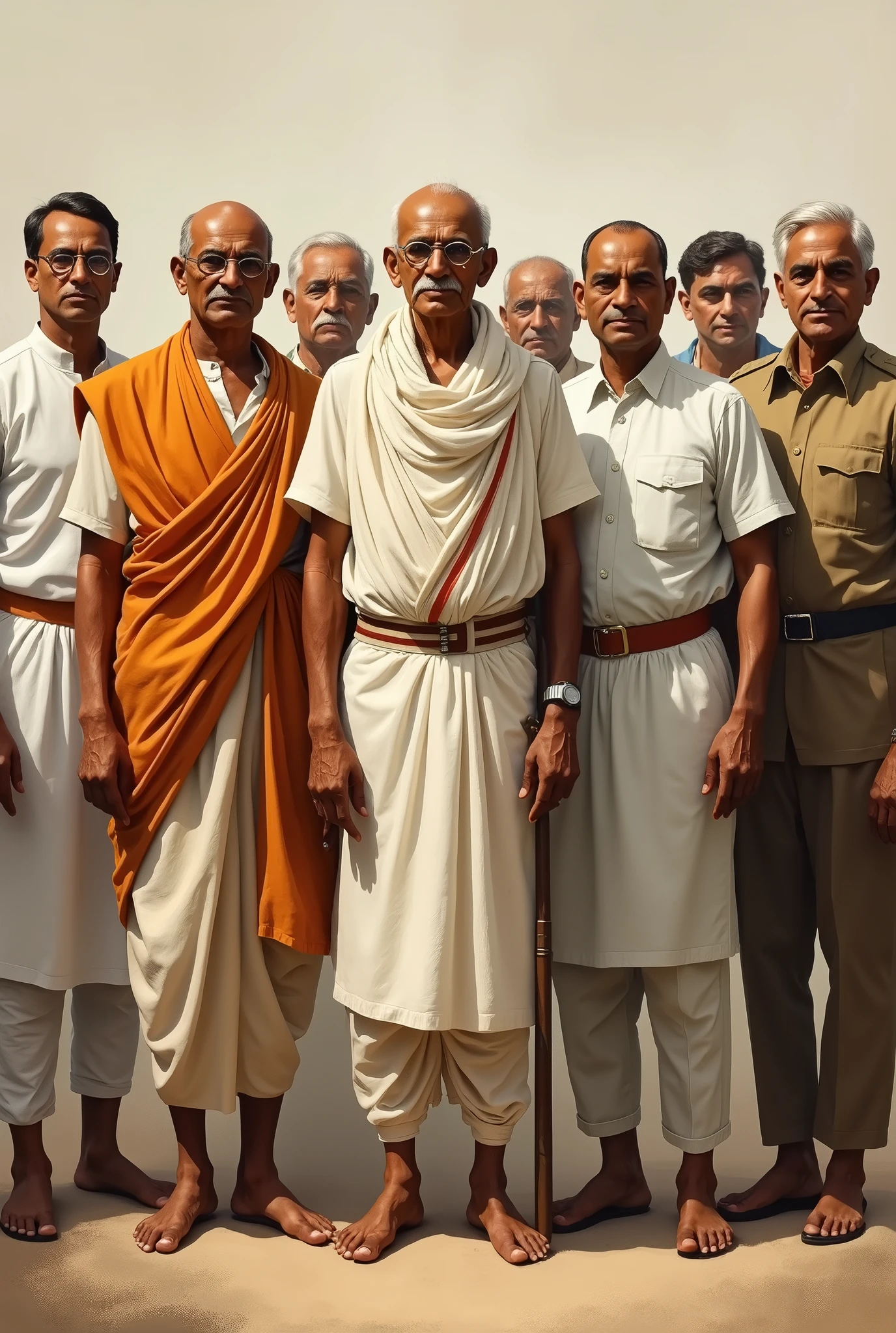 Emergence of Indian National Leaders:** A group portrait featuring key Indian leaders like Mahatma Gandhi, Jawaharlal Nehru, and Subhas Chandra Bose, standing together in traditional attire, symbolizing the unified front for India's independence