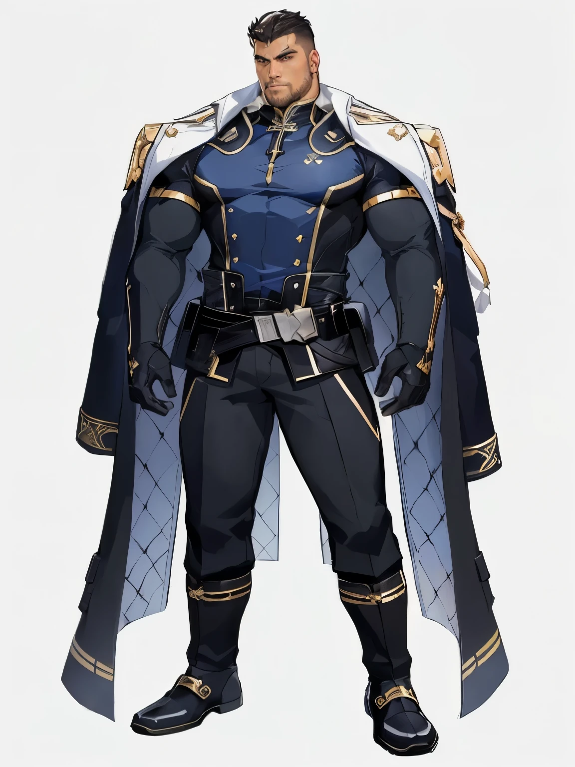 Masterpiece, Best Quality, Ultra-Detailed, 1man, solo, male, manly male, rugged, strong, bara, jock, stud, bear, short hair, black hair, wide jaw, a close up of a person in a man with a cape, genshin impact character, ( ( character concept art ) ), gilded black uniform, cyborg nobleman, best anime character design, official character art, casimir art, detailed full body concept art, picture of a male cleric, white background