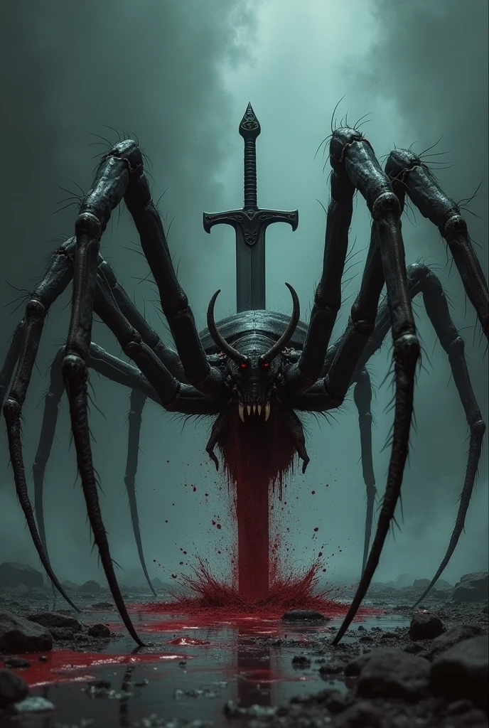 A spider walking and a sword runs through it and blood