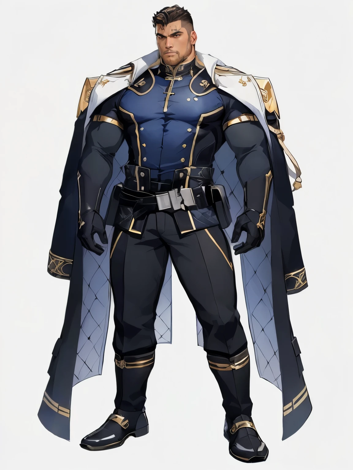 Masterpiece, Best Quality, Ultra-Detailed, 1man, solo, male, manly male, rugged, strong, bara, jock, stud, bear, short hair, black hair, wide jaw, a close up of a person in a man with a cape, genshin impact character, ( ( character concept art ) ), gilded black uniform, cyborg nobleman, best anime character design, official character art, casimir art, detailed full body concept art, picture of a male cleric, white background