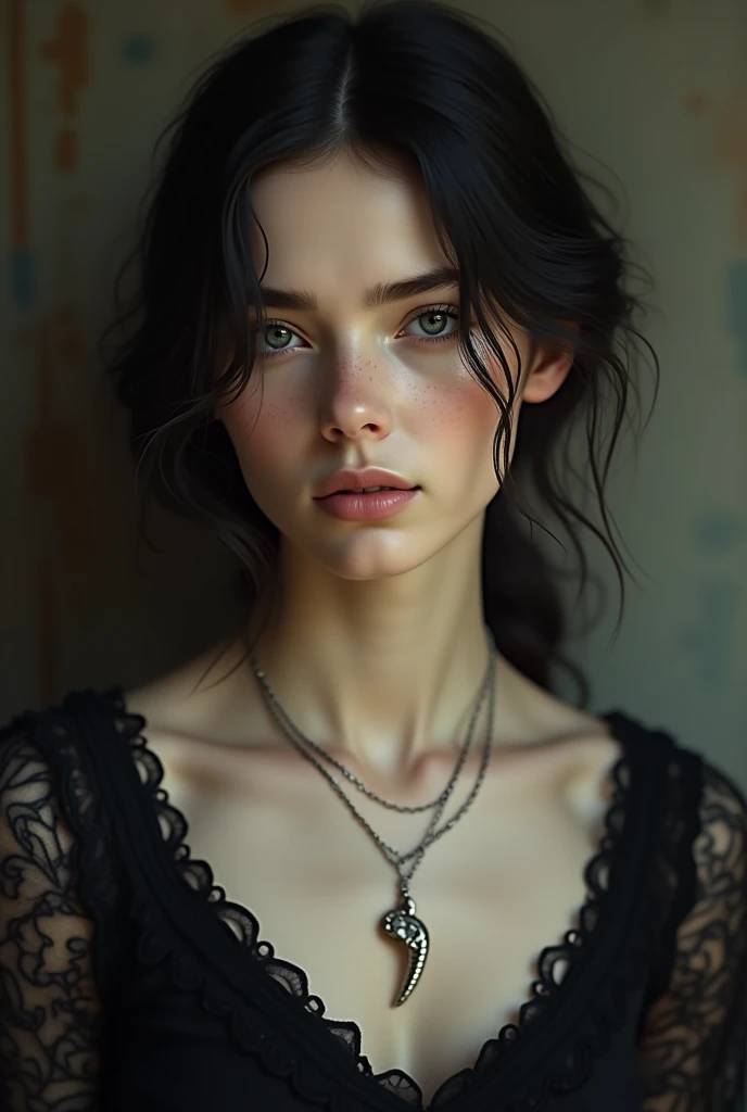 This image shows a portrait of a young woman with delicate features and a serene expression.. He has black hair, slightly wavy and loose, with some strands falling around her face. His skin is clear, with subtle freckles on the cheeks, and his eyes are a clear and penetrating shade of grey. She is dressed in a black blouse , probably lace, which gives it an elegant and antique touch. She wears a necklace with a snake-shaped pendant., and another finer one, *artistic or conceptual portrait.*
