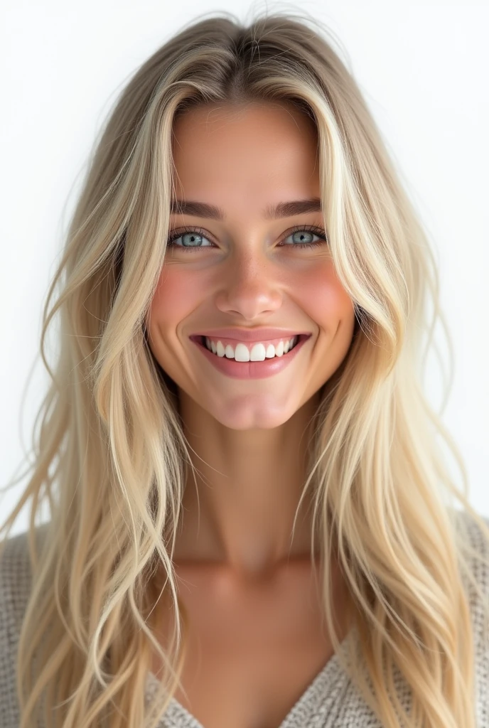 Belle fille de 20 ans, realistic, long hair, blond clair, blue eye, souriante, dent blanche, smooth hair, très realistic, cheveux très très plat, photo identité, sur fond png, mega realiste