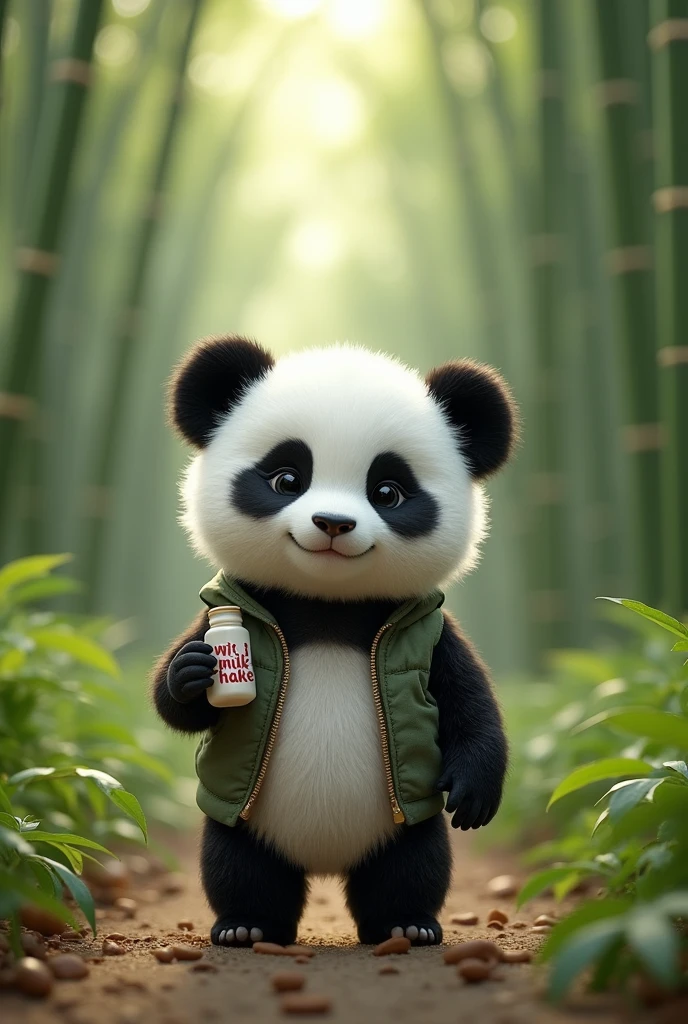 Draw a picture of a baby panda wearing a futuristic Chinese costume in a real bamboo field and put the words MilkゞShake on the milk bottle.