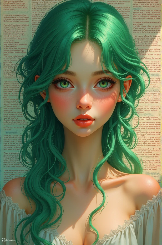 Russian girl, color of white poetry, green hair, Whole body, sitting open-legged position facing forward