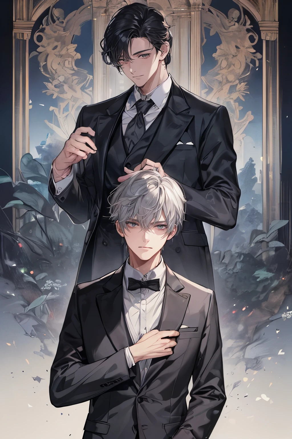 (Mastepiece)、(Best Quality)、Very detailed、((Two friendly men:1.4))、Perfect Face、Beautiful Face、Very detailed顔、(Black-haired man:1.3)、(Grey-haired man:1.3)、shirt、suit