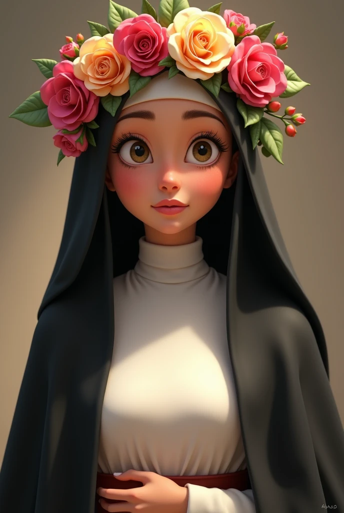 Animated Santa Rosa de Lima add a black cloak, put more roses on her, put a white dress and a black cloak like a nun, put a headband of roses on her, make her more adult