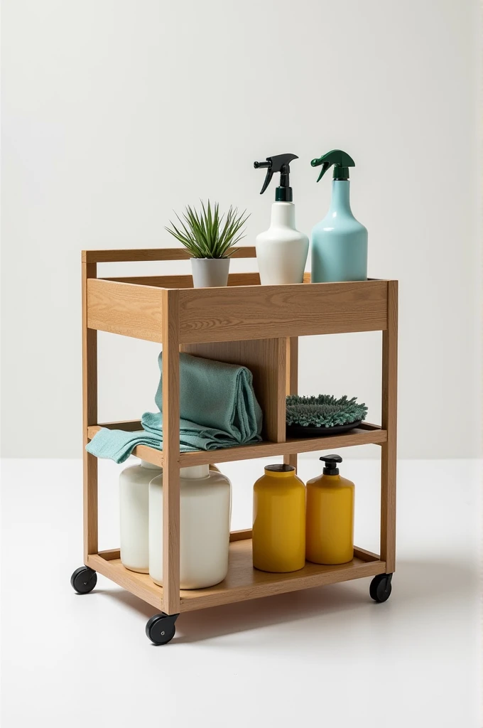 Make me a cleaning cart with a base measurement of 90 x 90 and a height of 1 meter with reusable items