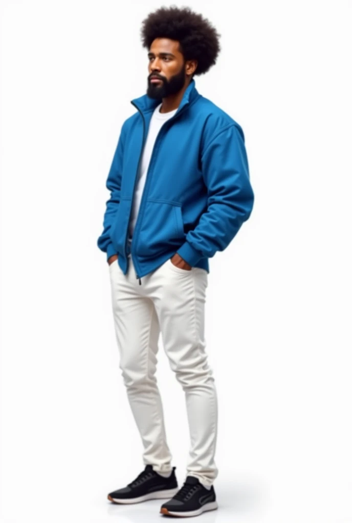 drawning, high qualiy, bright coloured, one men, 30years, 85 kilos, light afro descendant, barba, Average height, stark, Seriously, Blue jacket, White pants, black sneakers, fully body, white background
