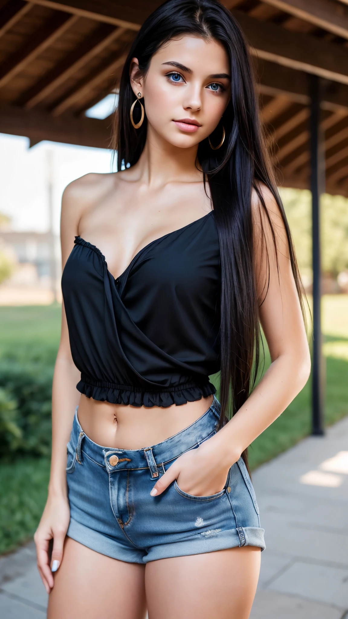 Beautiful 18 year old brunette girl with fair skin, blue eyes, long straight black hair, wearing earrings, wearing a black one shoulder blouse and short high waisted denim shorts with thick legs showing her belly button