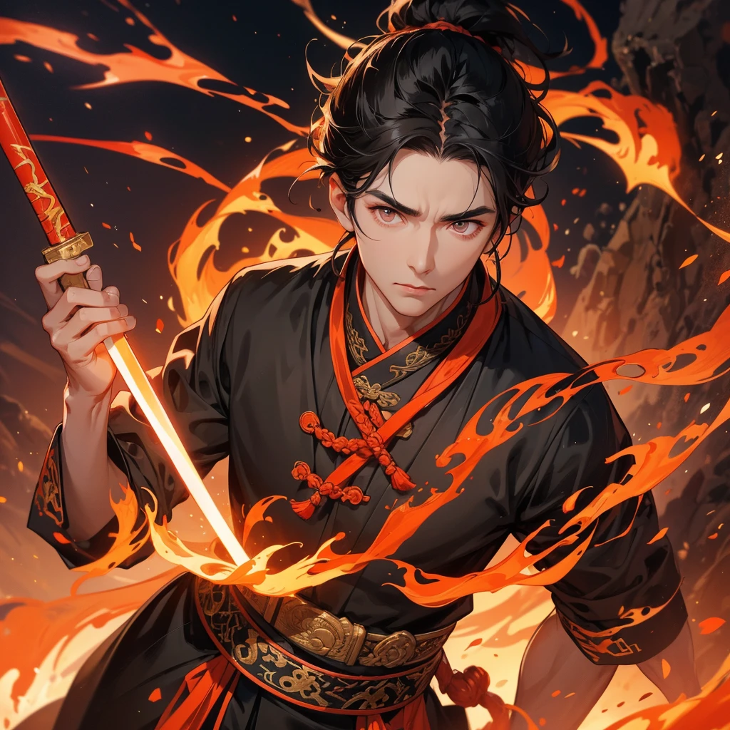 Handsome black-haired male general holding a large sword in black ancient Chinese costume, Surrounded by a volcano erupting, red and orange, surrounded by volcanic rocks, sunset, close up.