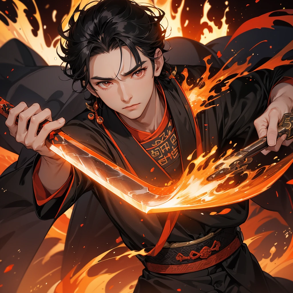 Handsome black-haired male general holding a large sword in black ancient Chinese costume, Surrounded by a volcano erupting, red and orange, surrounded by volcanic rocks, sunset, close up.